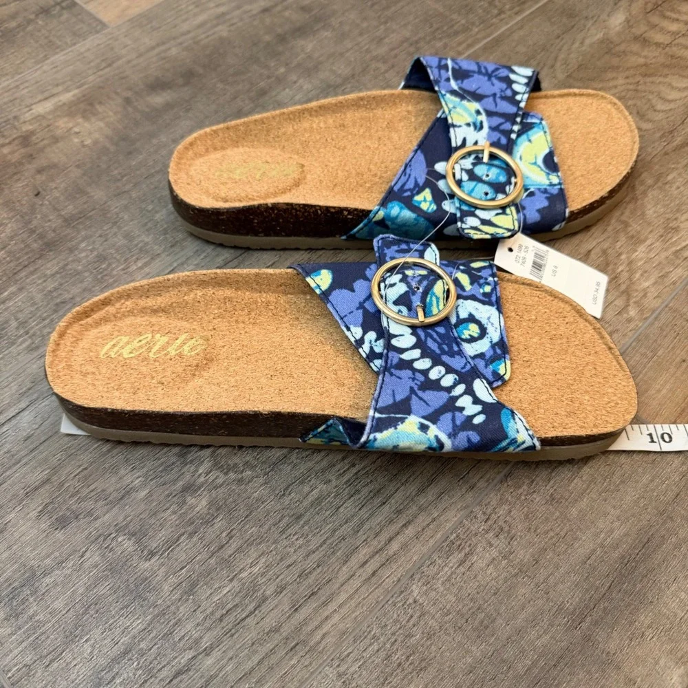 NEW Aerie Womens 6 Floral Buckle Slide Sandals Blue Yellow Cork Beach Coastal